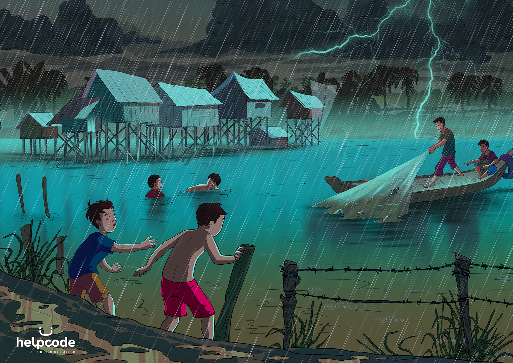 Un illustrazione con dei bambini che fanno il bagno durante un temporale