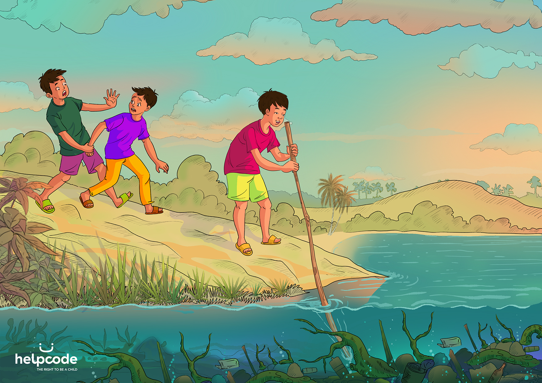 Illustrazione di un bambino che misura la profondità di un corso d'acqua con un bastone