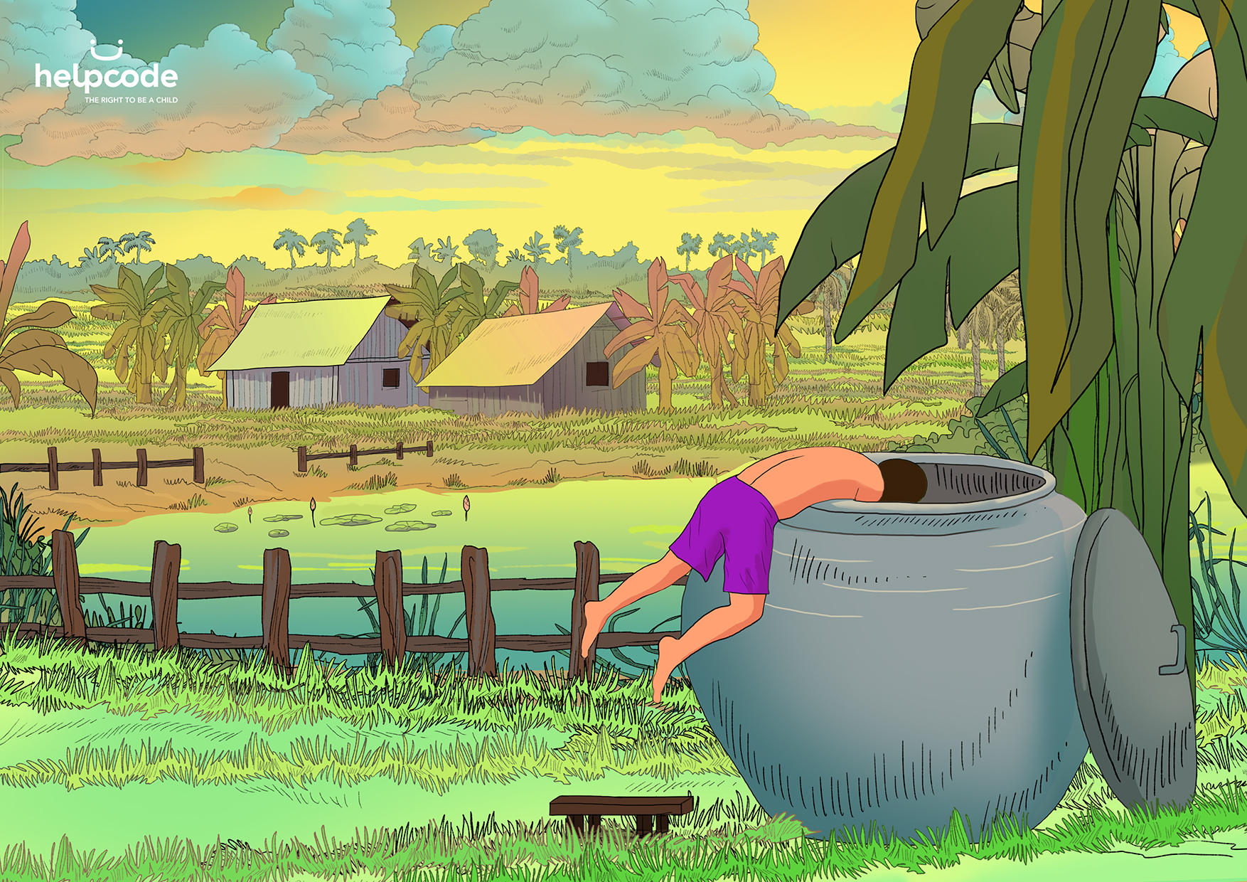 Illustrazione di un bambino che si infila in una cisterna per la raccolta dell'acqua aperta